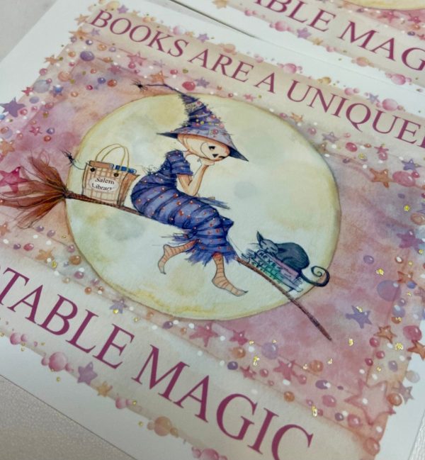 Product Image for  NEW! Hattie’s Library Run Print, Spooky Art Decor, Witchy Halloween Decor Witchy Friends, Summerween, pumpkin art